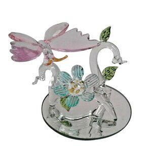 Blown Glass Pink Butterfly Figurine Branch Mirror Baser Figurine Blue Flower